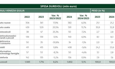 FRIULI VENEZIA GIULIA, NEL 2024 LA SPESA PER I BENI DUREVOLI CRESCE DEL 5,1%