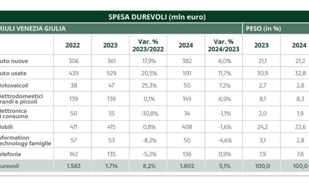 FRIULI VENEZIA GIULIA, NEL 2024 LA SPESA PER I BENI DUREVOLI CRESCE DEL 5,1%