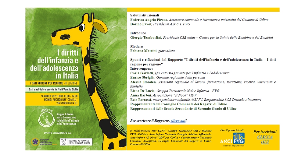 MERCOLEDì 9 APRILE A UDINE LA PRESENTAZIONE DEL RAPPORTO SUI DIRITTI DELL’INFANZIA E DELL’ADOLESCENZA IN ITALIA CON CARLA GARLATTI, ENRICO SBRIGLIA, ALESSIA ROSOLEN, FEDERICO PIRONE