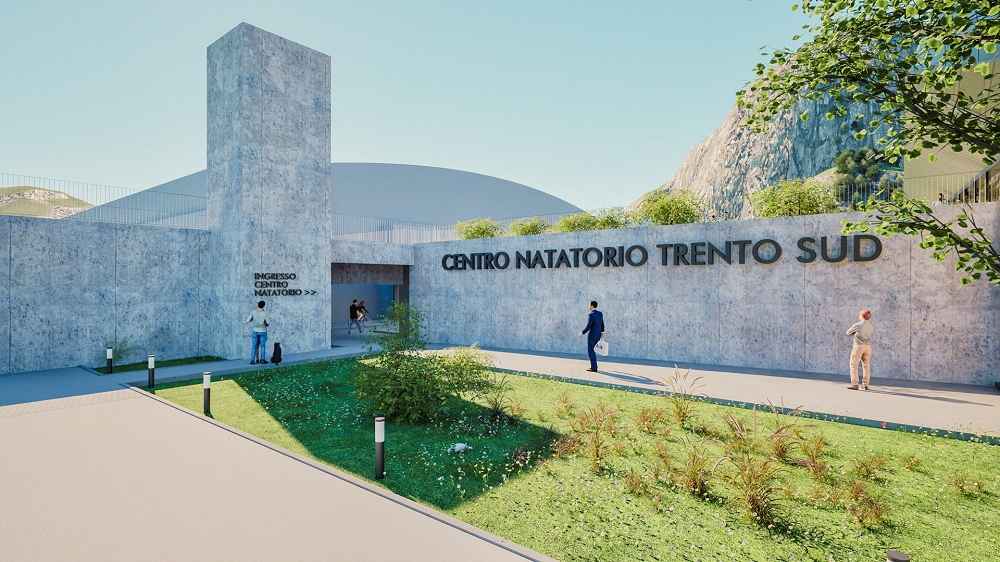 Trento: nuovo centro natatorio con tribuna da 600 posti, palestra e copertura verde