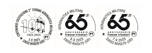 POSTE ITALIANE, DUE ANNULLI FILATELICI A RIVOLTO: IL CENTENARIO DEL 2° STORMO AERONAUTICA MILITARE (5 SETTEMBRE) E IL 65° ANNIVERSARIO DELLE FRECCE TRICOLORI (6 e 7 SETTEMBRE)