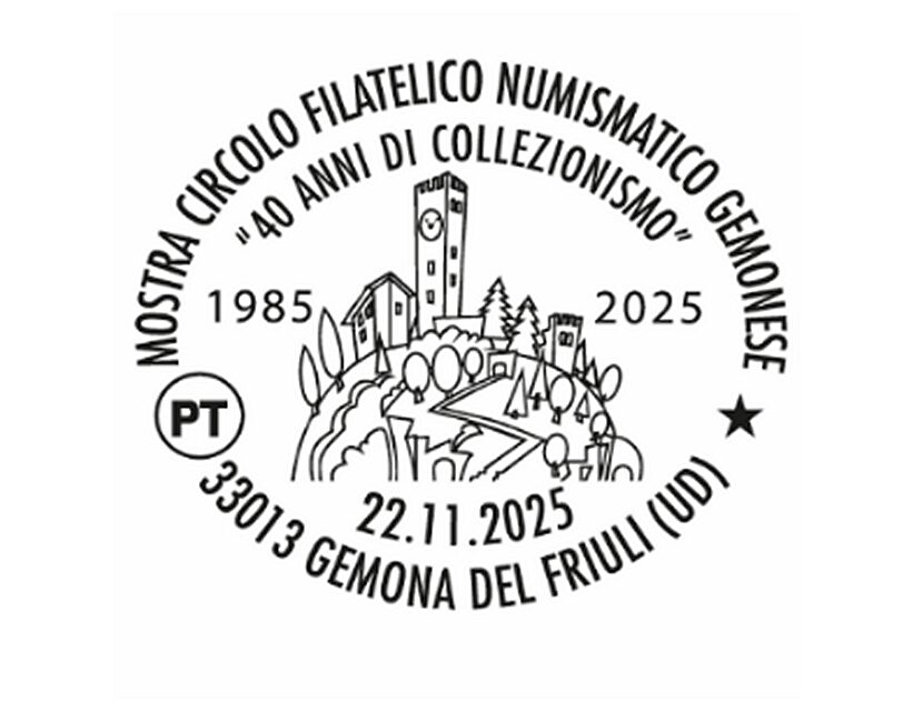 DISPONIBILE A GEMONA DEL FRIULI L’ANNULLO FILATELICO PER LA MOSTRA DEL CIRCOLO FILATELICO NUMISMATICO GEMONESE “40 ANNI DI COLLEZIONISMO” 1985-2025