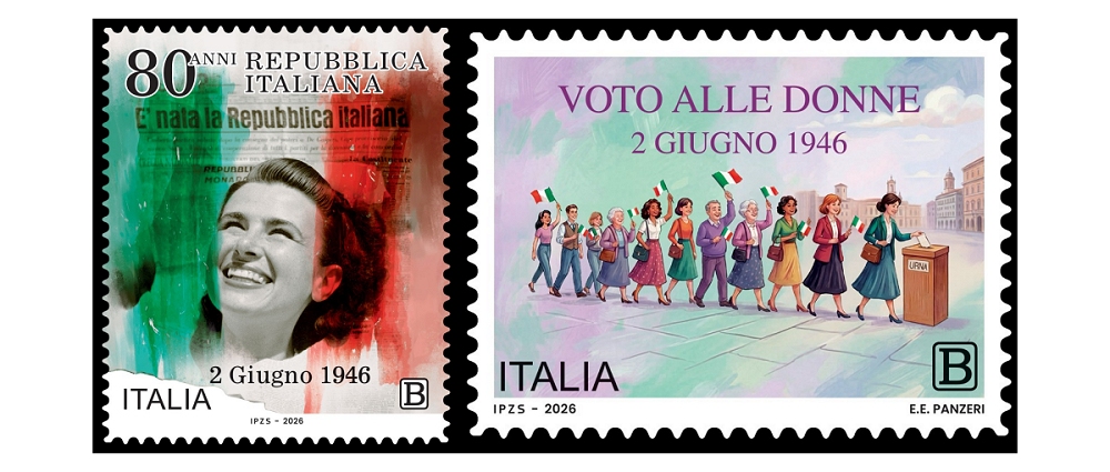 POSTE ITALIANE: due francobolli in calendario martedì 2 giugno, 80° anniversario della Repubblica e Voto alle donne