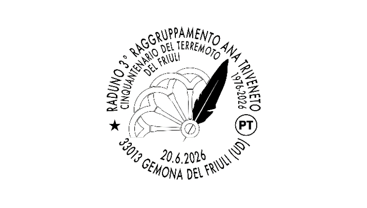 POSTE ITALIANE: A GEMONA DEL FRIULI L’ANNULLO FILATELICO PER IL RADUNO DEL 3° RAGGRUPPAMENTO ANA TRIVENETO NEL CINQUANTENARIO DEL TERREMOTO DEL FRIULI 1976-2026