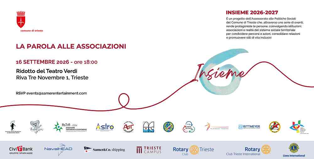 MERCOLEDÌ 16 SETTEMBRE ALLE ORE 18 NELLA SALA VICTOR DE SABATA AL RIDOTTO DEL TEATRO VERDI “LA PAROLA ALLE ASSOCIAZIONI”, SECONDO APPUNTAMENTO DEL PROGETTO INSIEME 2026-27